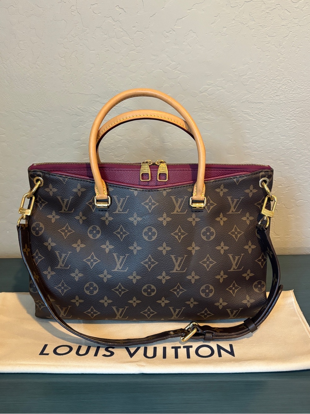 Louis Vuitton Monogram Pallas Mm Tote Bag Leather Burgundy Trim! 💜